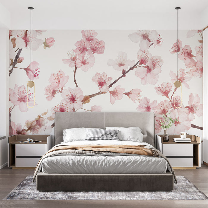 Papier peint japonais | Fleurs de cerisiers sur fond blanc