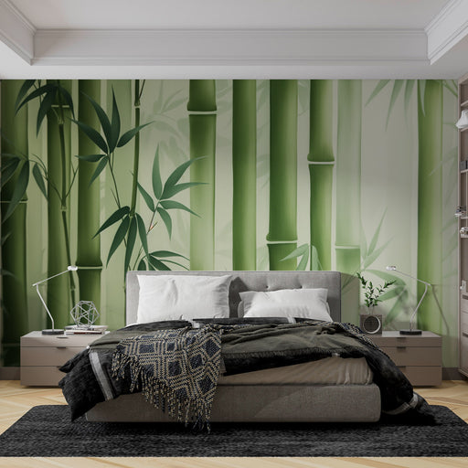 Une chambre moderne avec un papier peint représentant des bambous verts sur fond clair, créant une atmosphère apaisante et naturelle.