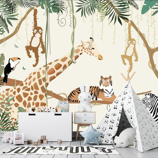 Papier peint jungle enfant | Liane Tigre Girafe Singe Toucan