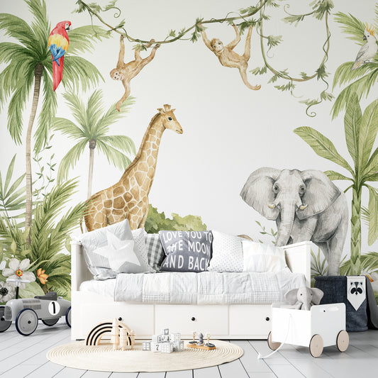 Papier peint jungle enfant | Palmier Girafe Éléphant
