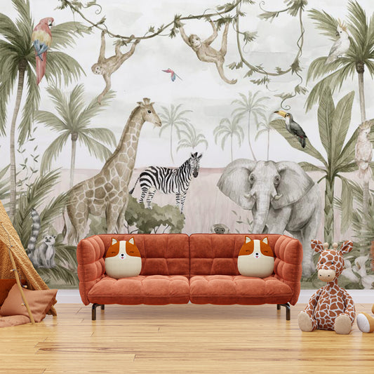 Papier peint jungle nature | Singe Perroquet Toucan Girafe
