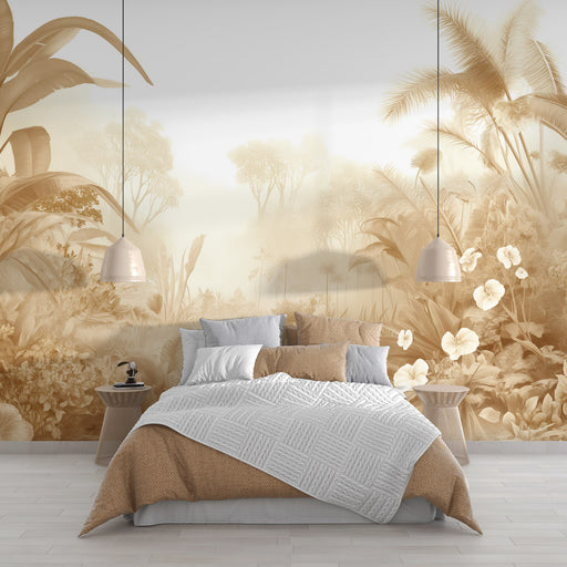 Une chambre apaisante avec un papier peint représentant un paysage floral en dégradé beige, créant une atmosphère douce et naturelle.