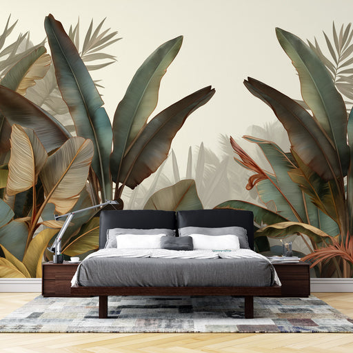 Une chambre moderne avec un papier peint tropical représentant de grandes feuilles exotiques aux teintes vertes et brunes, créant une ambiance apaisante et naturelle.