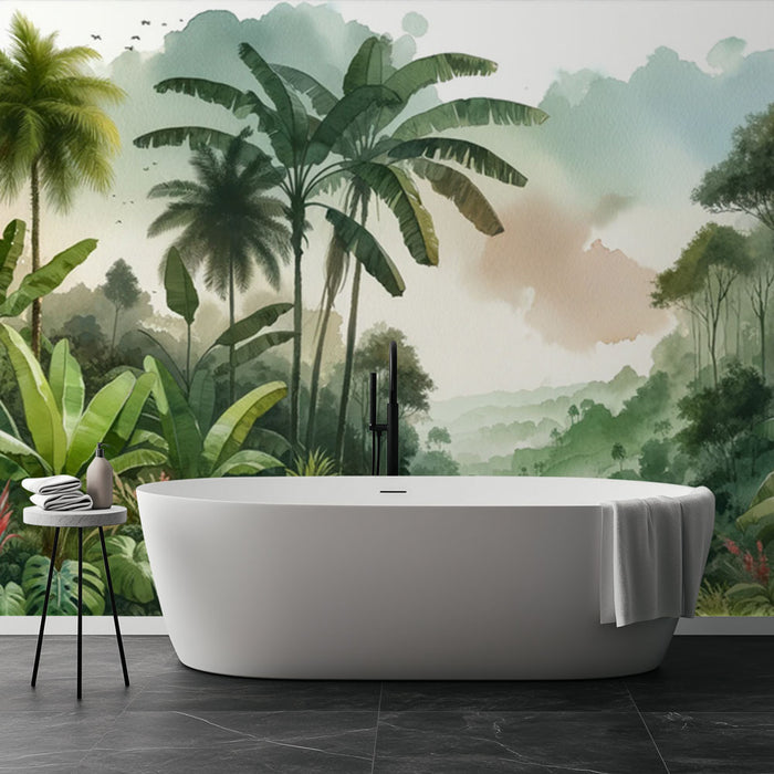 Papier peint salle de bain | Aquarelle verte d'une jungle tropicale