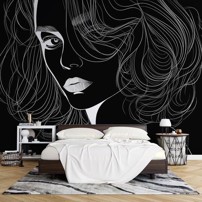 Papier peint line art | Visage mystérieux noir et blanc