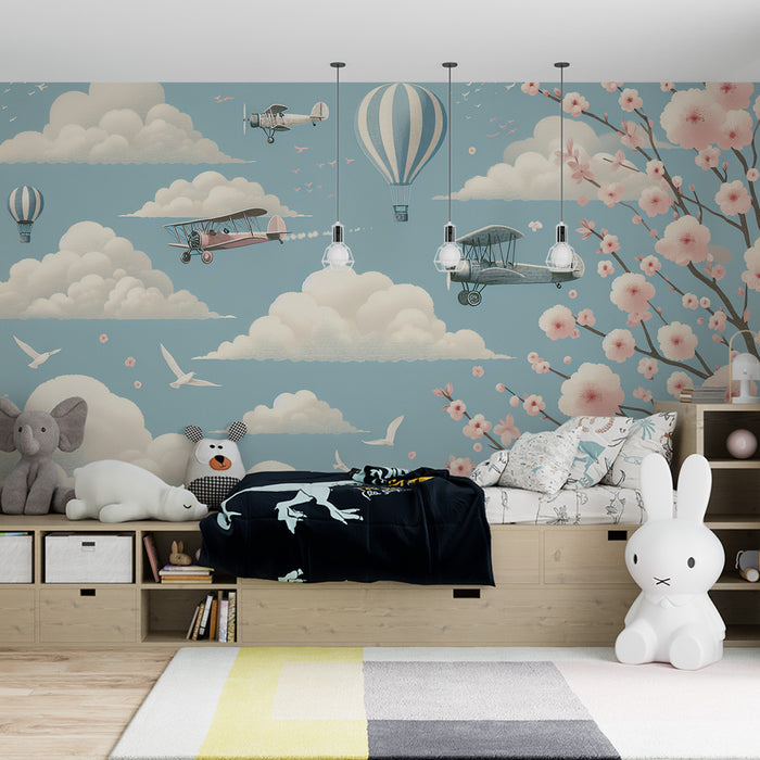Papier peint montgolfière | Avions, cerisiers roses et nuages sur fond bleu