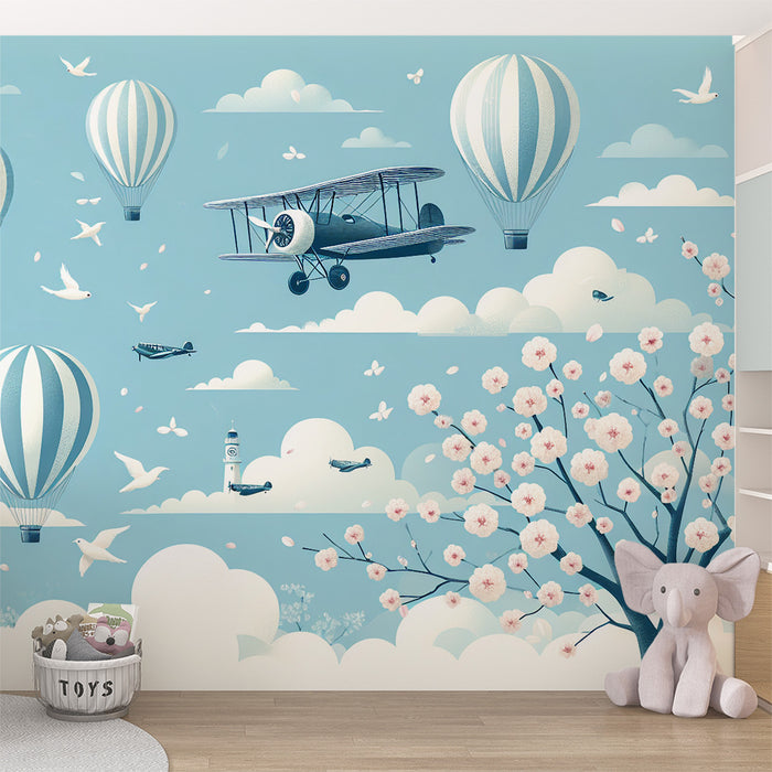 Papier peint montgolfière | Ballons bleu et blanc avec avions et cerisier