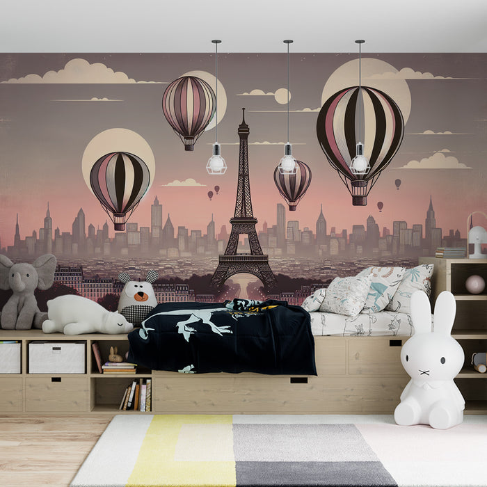 Papier peint montgolfière | Ballons volants au-dessus de Paris avec la Tour Eiffel