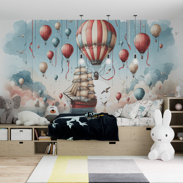 Papier peint montgolfière | Bateau pirate et montgolfières colorées