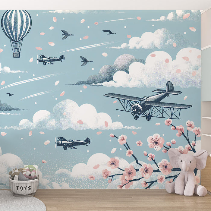 Papier peint montgolfière | Cerisier rose, avions et nuages