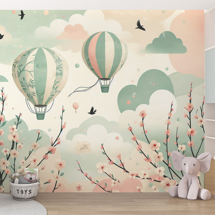Papier peint montgolfière | Cerisier roses et nuages verts