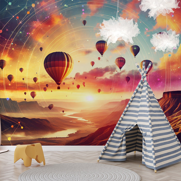 Papier peint montgolfière | Ciel multicolore au coucher du soleil