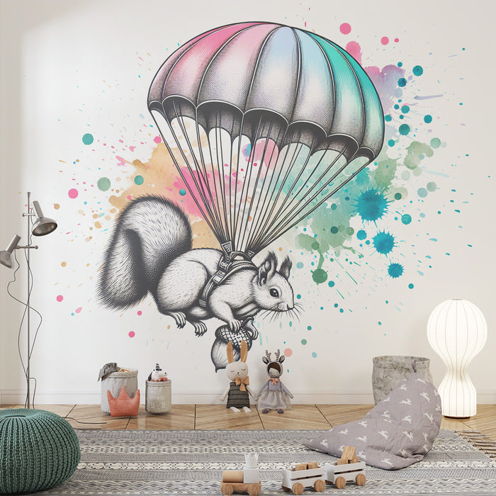 Papier peint montgolfière | Écureuil et noisette accroché à un parachute