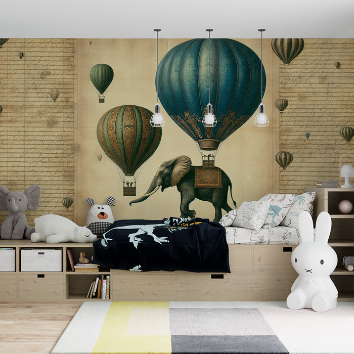 Papier peint montgolfière | Éléphant et ballons colorés sur fond vintage