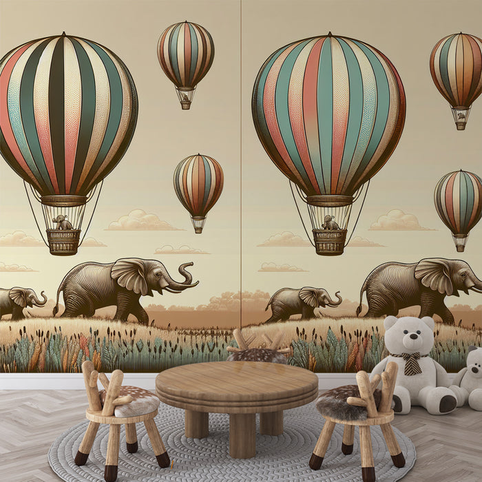 Papier peint montgolfière | Éléphants et éléphanteaux dans la prairie