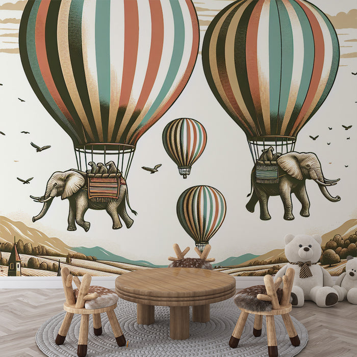 Papier peint montgolfière | Éléphants volant au-dessus des plaines