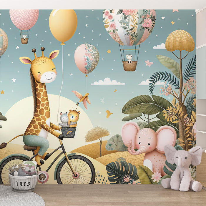 Papier peint montgolfière | Girafe, éléphant dans la jungle tropicale
