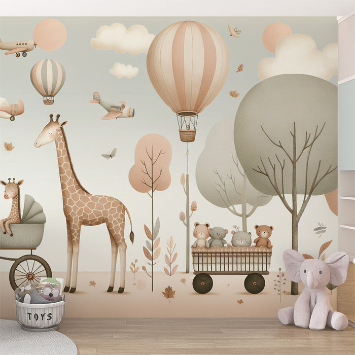 Papier peint montgolfière | Girafes, avions et forêt pour enfant
