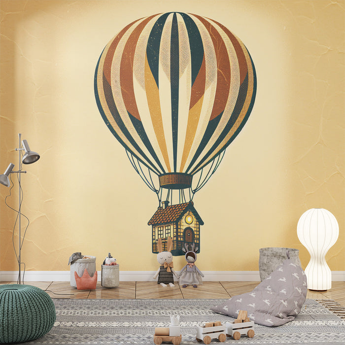 Papier peint montgolfière | Maison et ballon sur fond jaune crépis
