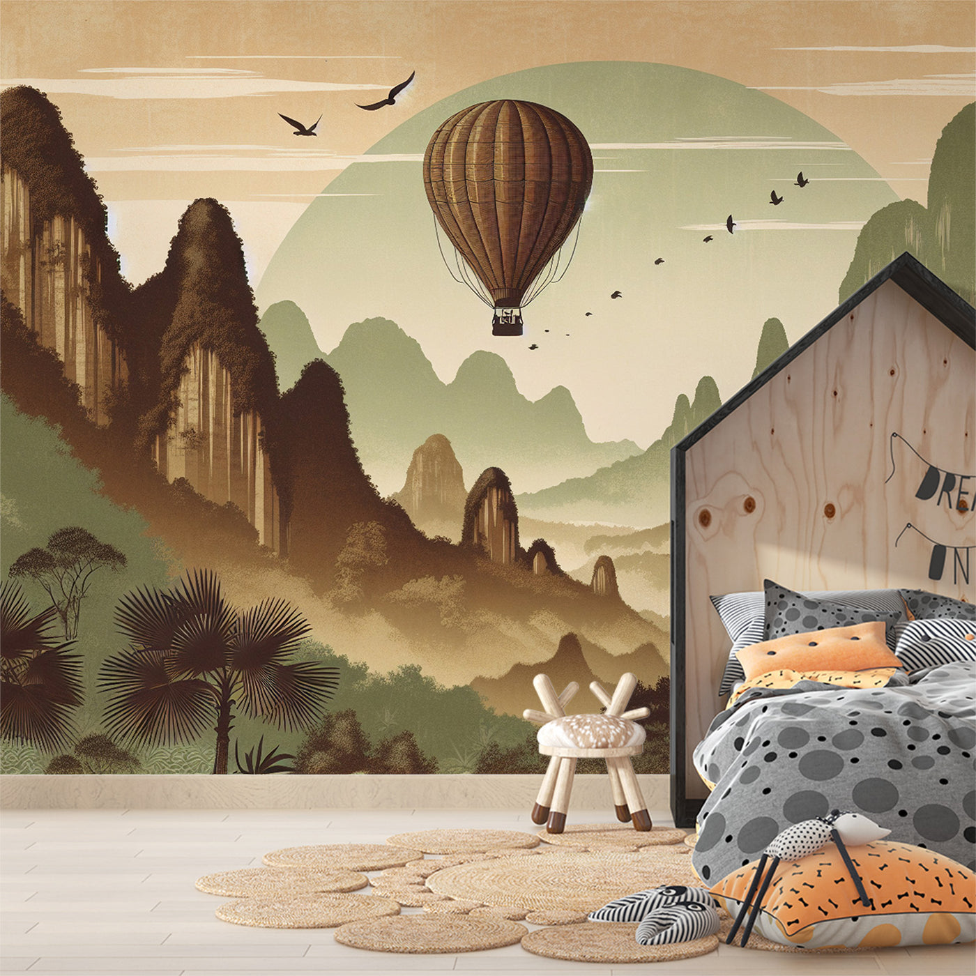 Papier Peint Montgolfière Et Animaux De La Forêt