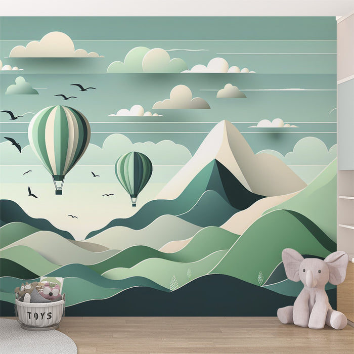 Papier peint montgolfière | Relief montagneux vert et blanc