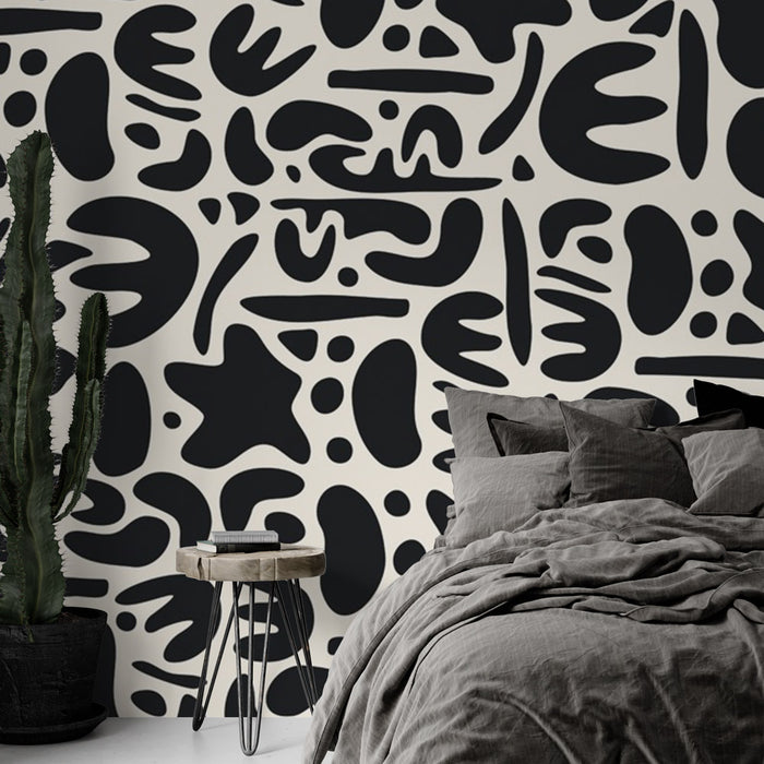 Papier peint motif abstrait | Formes abstraites noires sur fond blanc