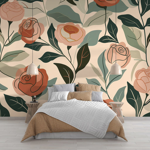 Une chambre accueillante avec un papier peint floral aux roses pastel et feuillage vert sur fond beige, créant une atmosphère douce et romantique.