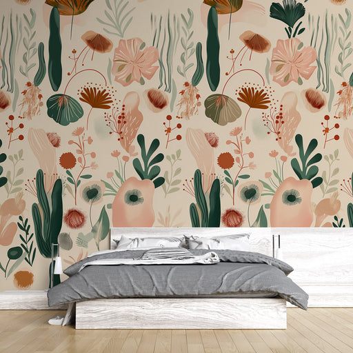 Une chambre moderne avec un papier peint floral aux teintes douces de rose, vert et beige, créant une atmosphère apaisante et naturelle.