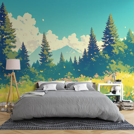 Une chambre moderne avec un papier peint représentant une forêt colorée et stylisée, évoquant une ambiance apaisante et naturelle.