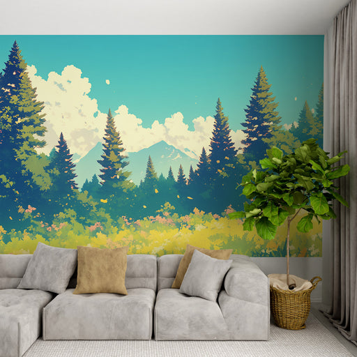 Une pièce de vie moderne avec un papier peint illustrant un paysage montagneux vibrant, mêlant des teintes de vert et de bleu, créant une atmosphère apaisante et naturelle.