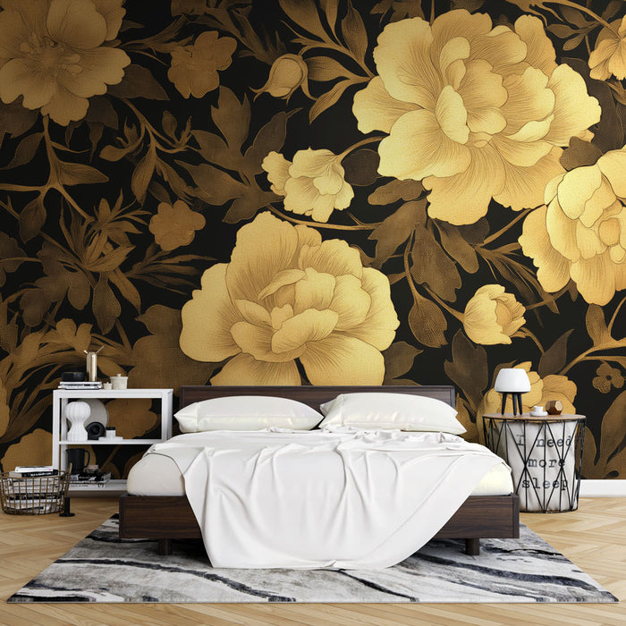Papier peint noir et or | Vintage motifs floraux