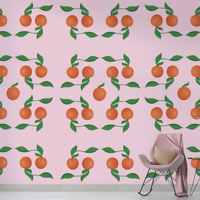 Papier peint orange | Symétrie d'oranges sur fond rose