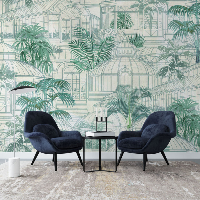 Papier peint orangerie | Design vintage avec motifs de serres et palmiers