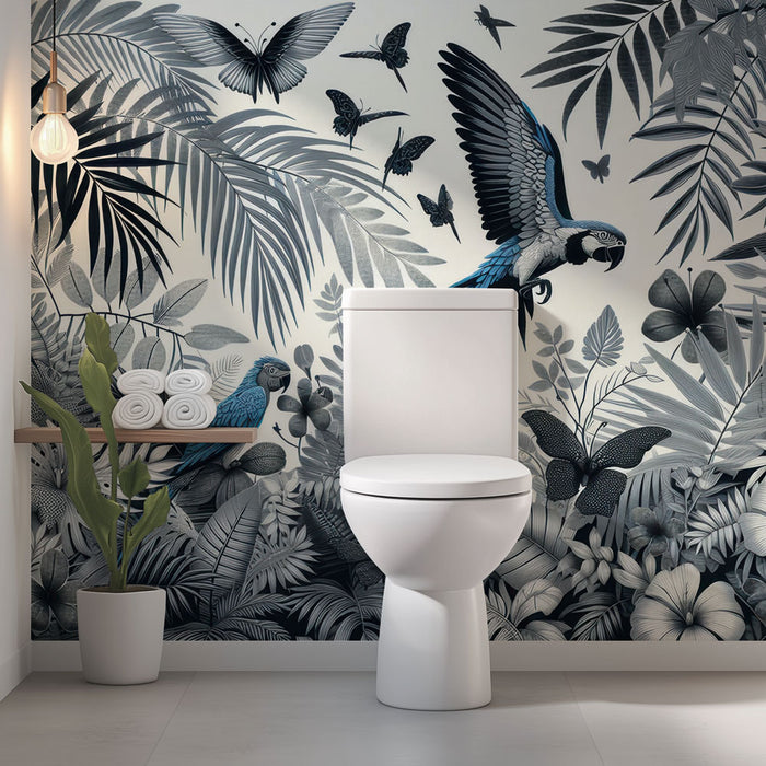 Papier peint toilette | Perroquets bleus et papillons dans un paradis exotique