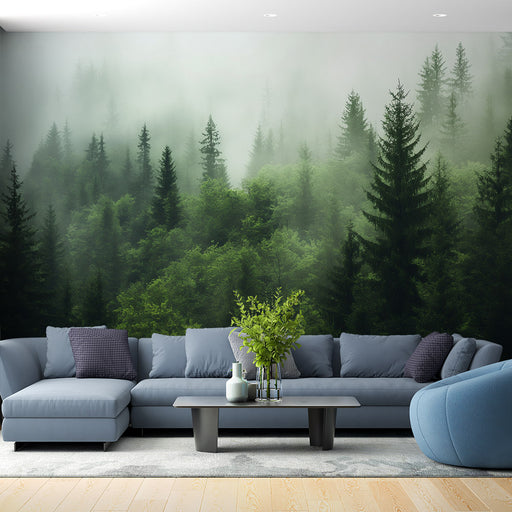 Un salon moderne avec un papier peint représentant une forêt brumeuse aux nuances de vert, créant une atmosphère apaisante et naturelle.