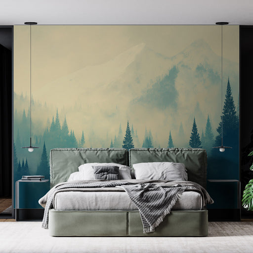 Une chambre contemporaine avec un papier peint représentant des montagnes embrumées et des forêts de conifères, créant une atmosphère apaisante et naturelle.