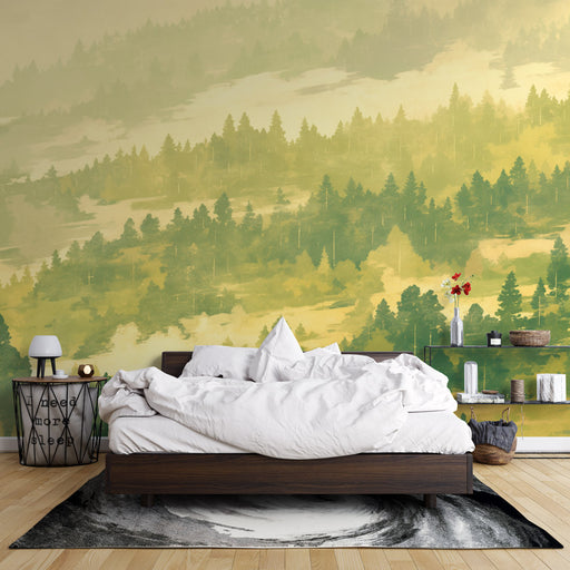 Une chambre apaisante avec un papier peint représentant un paysage forestier en dégradé de verts et jaunes, évoquant la sérénité et la nature.