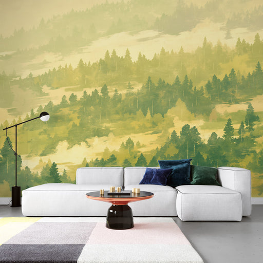 Un salon moderne avec un papier peint représentant un paysage forestier dans des nuances de vert et de jaune, créant une atmosphère apaisante et naturelle.