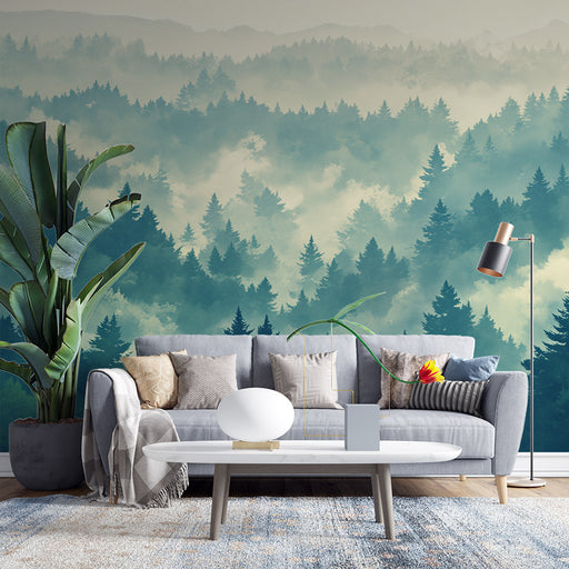 Un salon moderne avec un papier peint représentant une forêt brumeuse aux nuances de vert et de bleu, créant une atmosphère apaisante et naturelle.