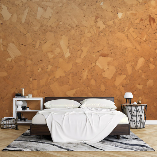 Une chambre moderne avec un papier peint texturé dans des tons chauds de terre cuite, évoquant une ambiance naturelle et accueillante.