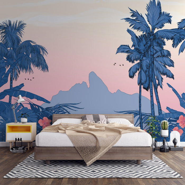 Papier peint tropical | Coucher de soleil paradisiaque avec palmiers