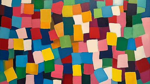 Papier peint abstrait aux carrés colorés dans des teintes vives de rouge, bleu, jaune et vert, créant une ambiance dynamique et joyeuse.