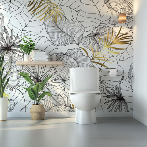 Papier peint feuillage noir et doré pour salle de bain moderne avec plantes décoratives.