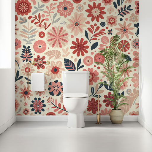 Papier peint fleuri rose rétro avec couleurs vives et fond clair pour salle de bain moderne