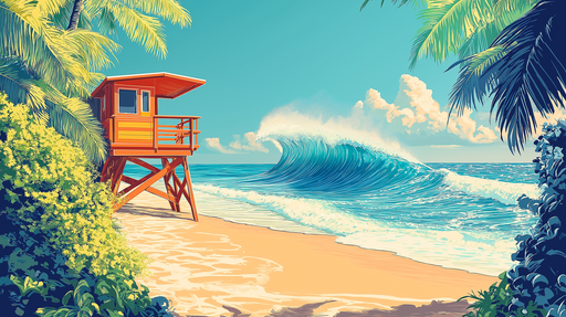 Papier peint plage ensoleillée Une scène tropicale avec une cabane de sauveteur et une grande vague