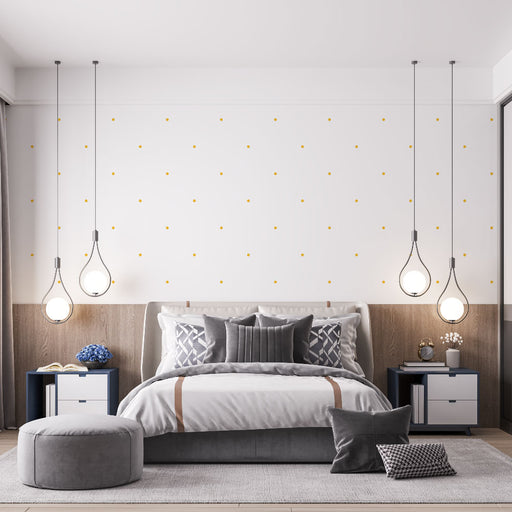 Papier peint minimaliste blanc avec pois dorés pour chambre moderne et élégante