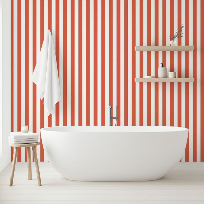 Papier peint salle de bain | Rayures verticales rouges et blanches