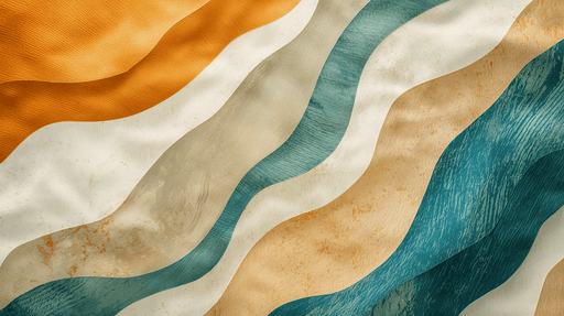 Papier peint aux ondulations colorées orange, beige, crème et turquoise créant une atmosphère dynamique et chaleureuse, évoquant un style rétro et artistique.