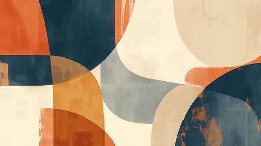 Papier peint abstrait aux formes organiques et aux teintes chaudes d'orange, bleu et beige, créant une ambiance moderne et artistique.