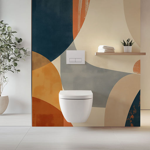 Une salle de bain moderne avec un papier peint abstrait aux formes organiques dans des teintes de bleu, orange et beige, créant une ambiance chaleureuse et contemporaine.